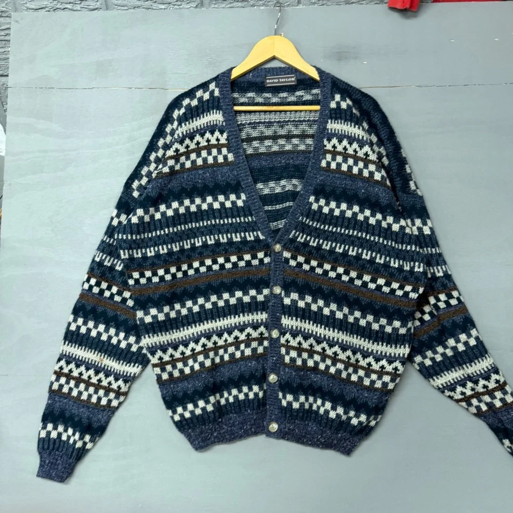 David Taylor Mens Navy Blue Fair Isle Geometric Button Front‎ Cardigan Sweater